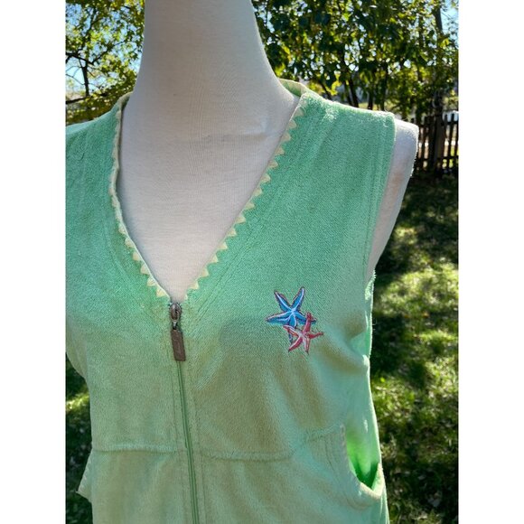 Sleeveless Green Terry Cloth Robe Beach Starfish Large Embroidery Front Zip & Po - Picture 3 of 9